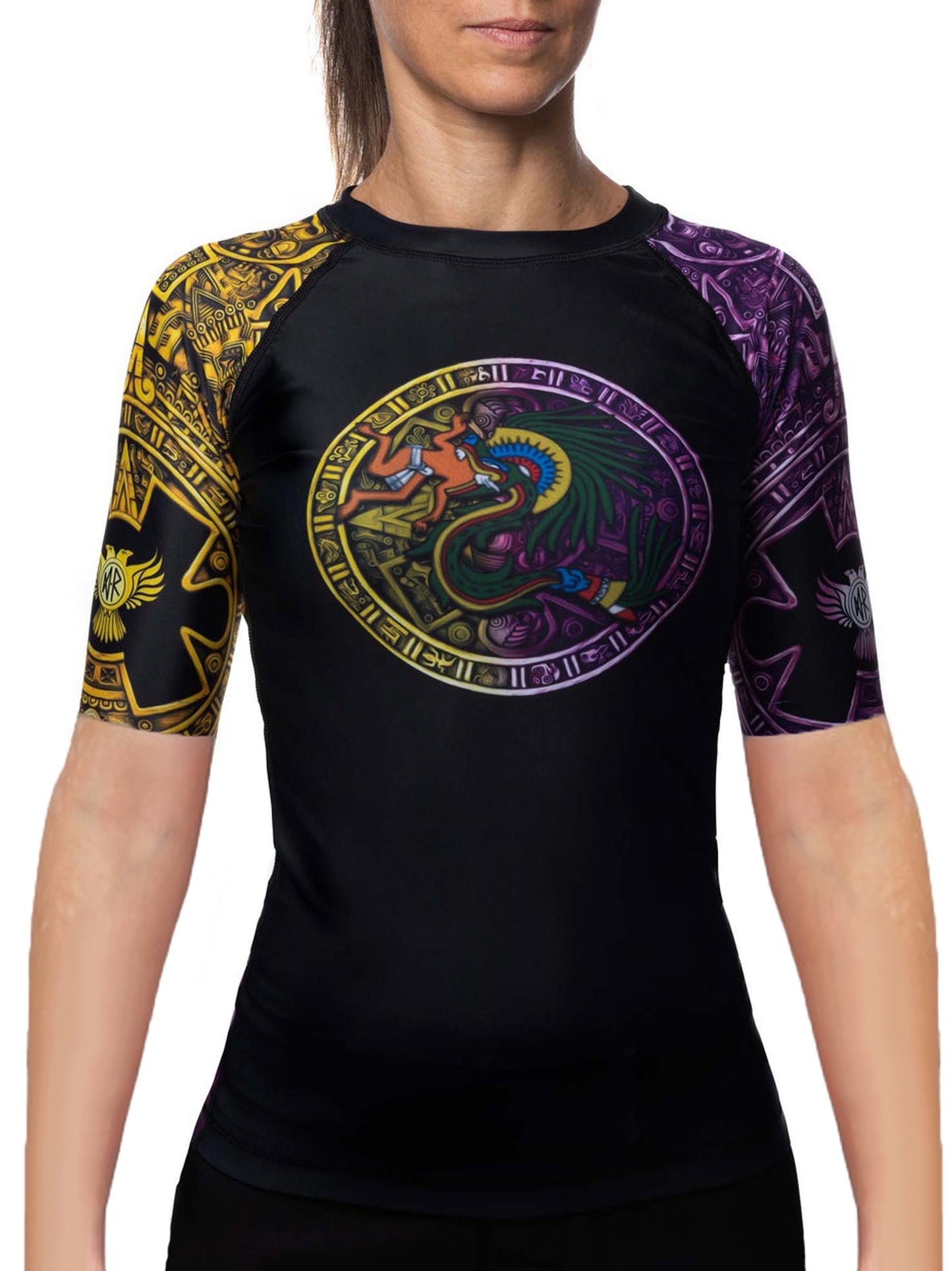 Raven Fightwear Women's Aztec Quetzalcoatl Rash Guard Short Sleeve BJJ MMA Black