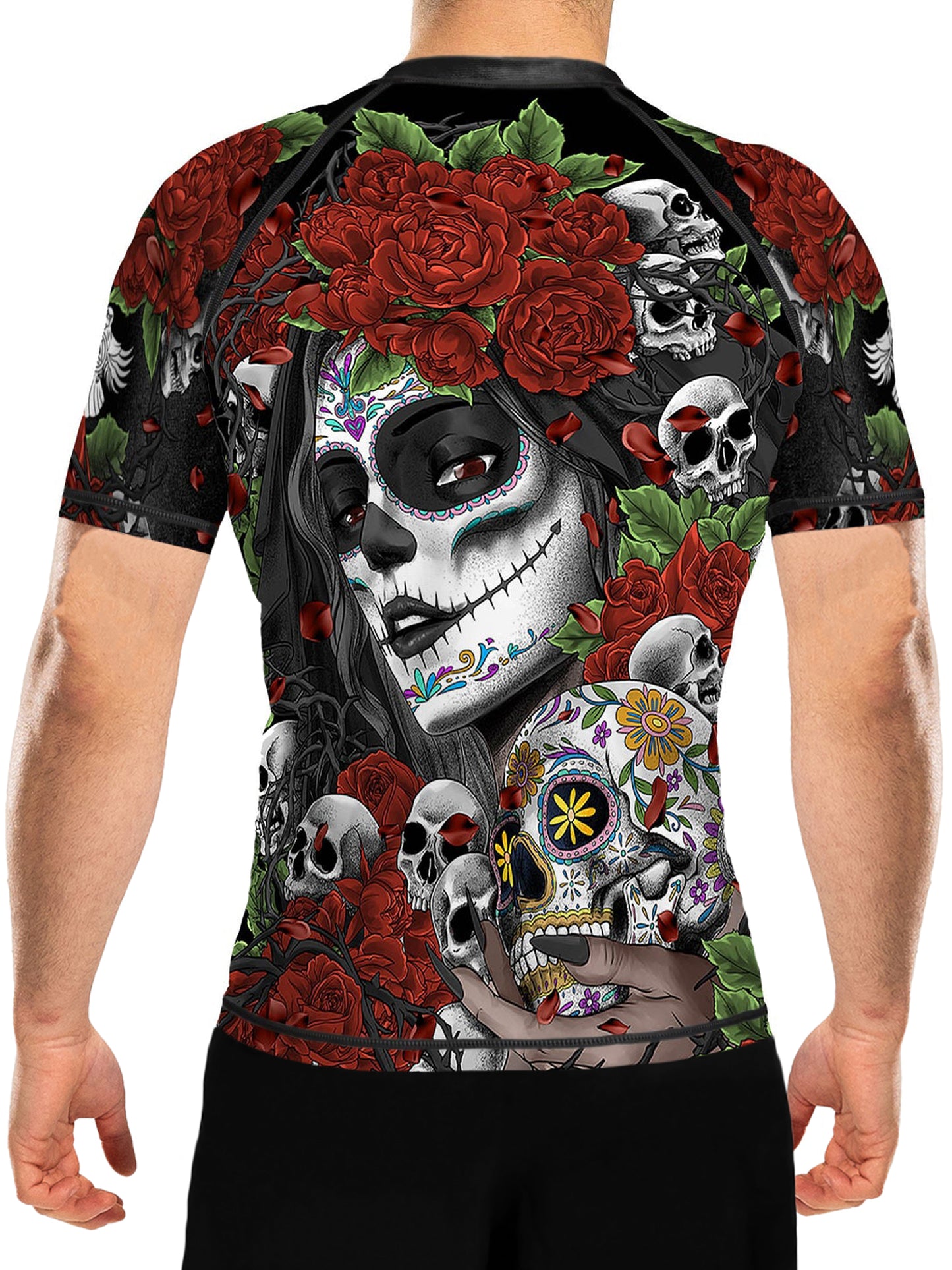 Raven Fightwear Men's Calaveras y Rosas BJJ Rash Guard Short Sleeve MMA Black