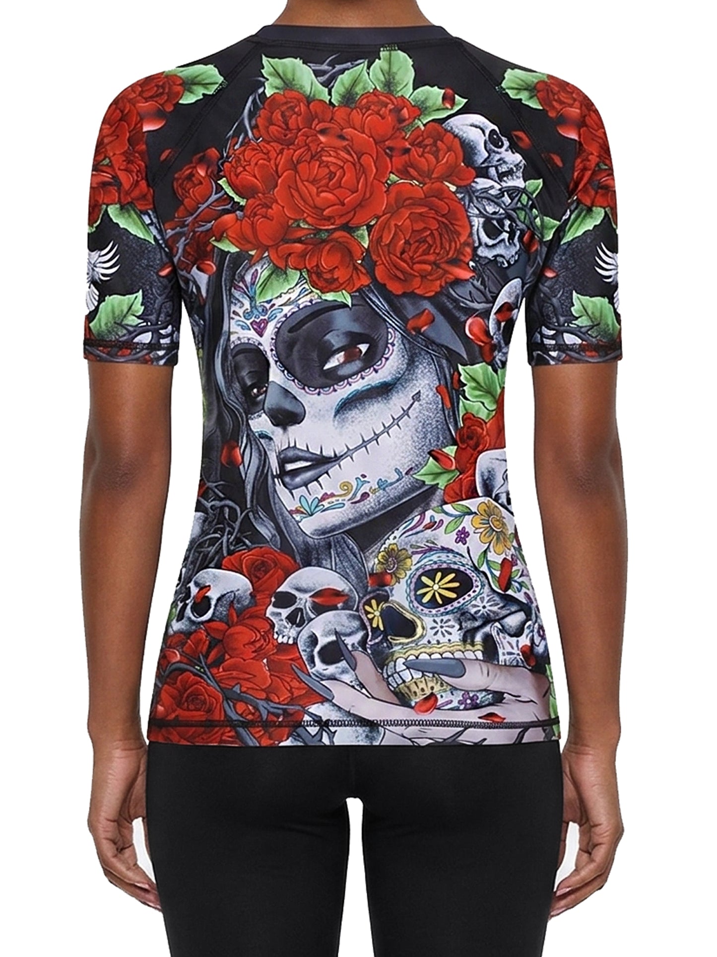 Raven Fightwear Women's Calaveras y Rosas Rash Guard Short Sleeve BJJ MMA Black