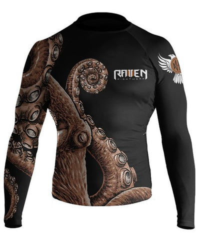 Raven Fightwear Men's Kraken Octopus IBJJF Approved Rash Guard Brown