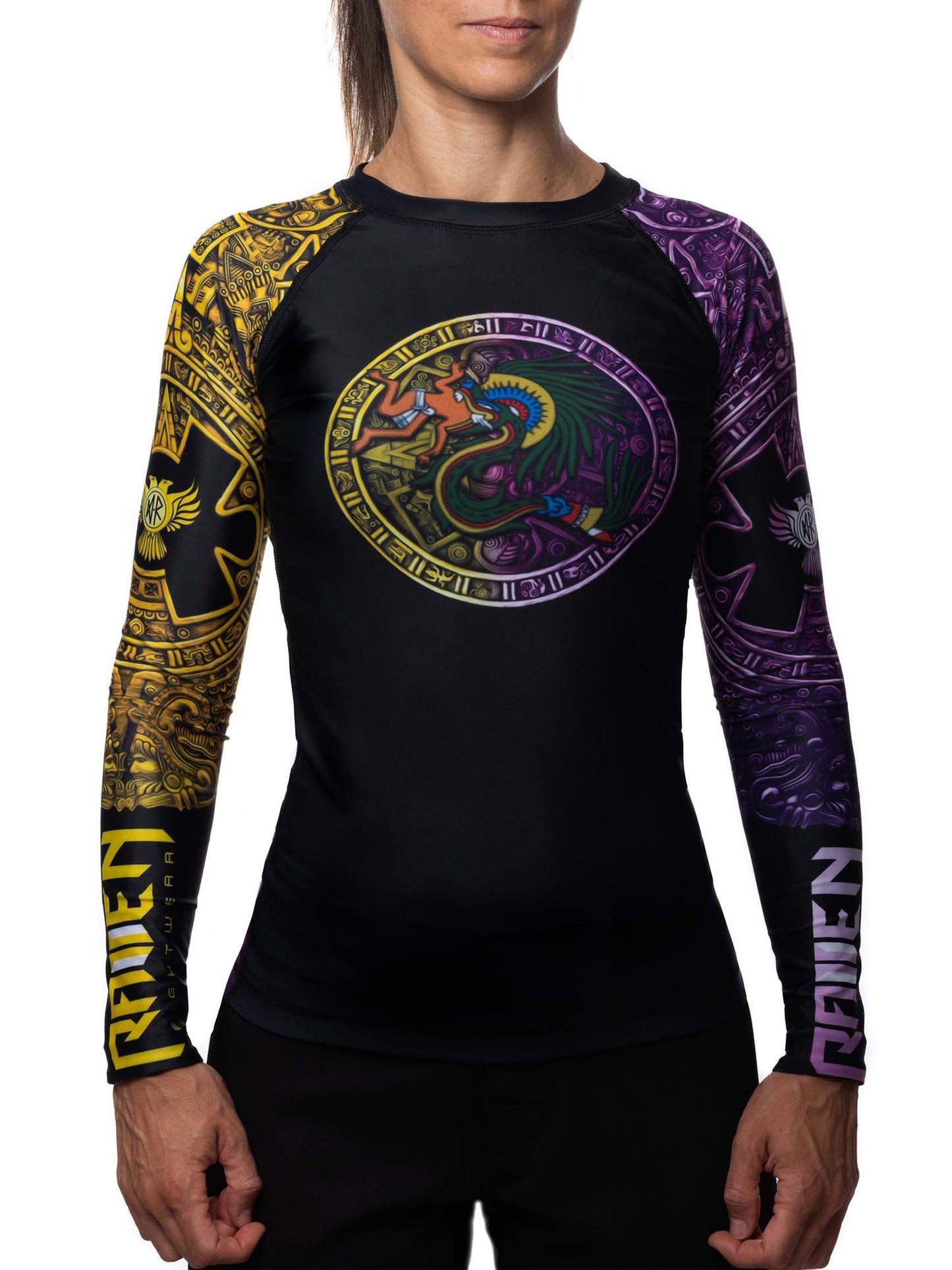 Raven Fightwear Women's Quetzalcoatl Aztec MMA BJJ Rash Guard Black