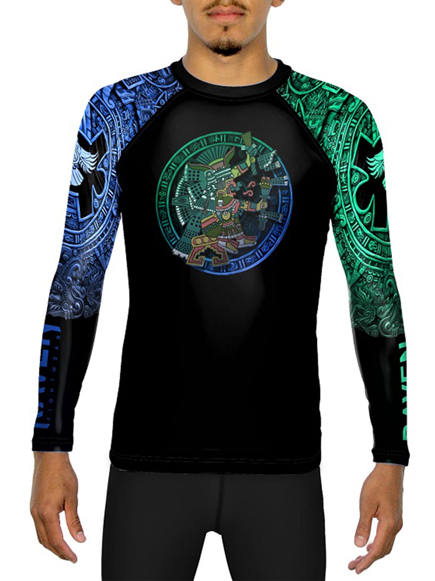 Raven Fightwear Men's Aztec Water Goddess Chalchiuhtlicue BJJ Rash Guard MMA Black