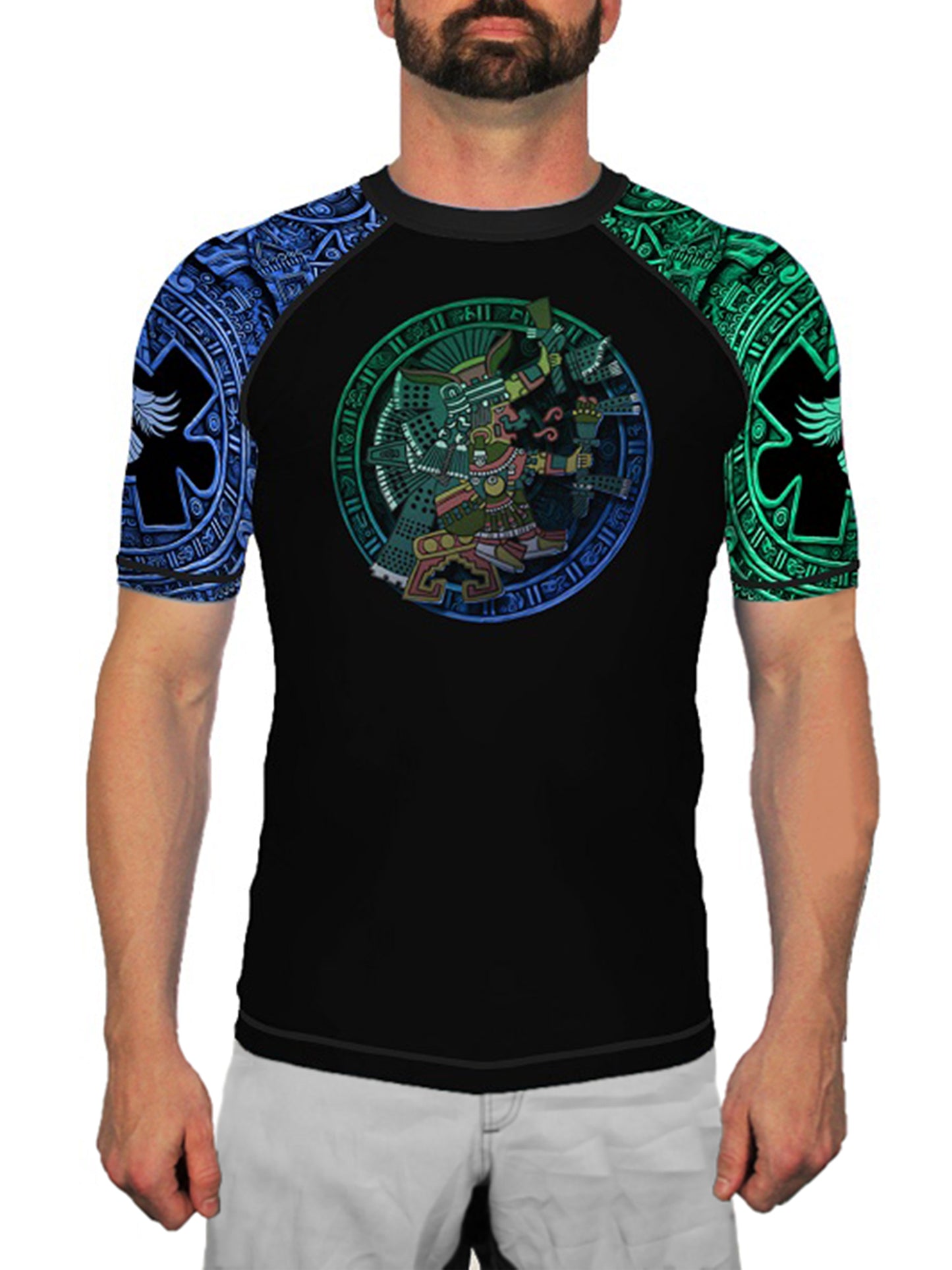 Raven Fightwear Men's Aztec Water Goddess Chalchiuhtlicue Short Sleeve BJJ Rash Guard MMA Black