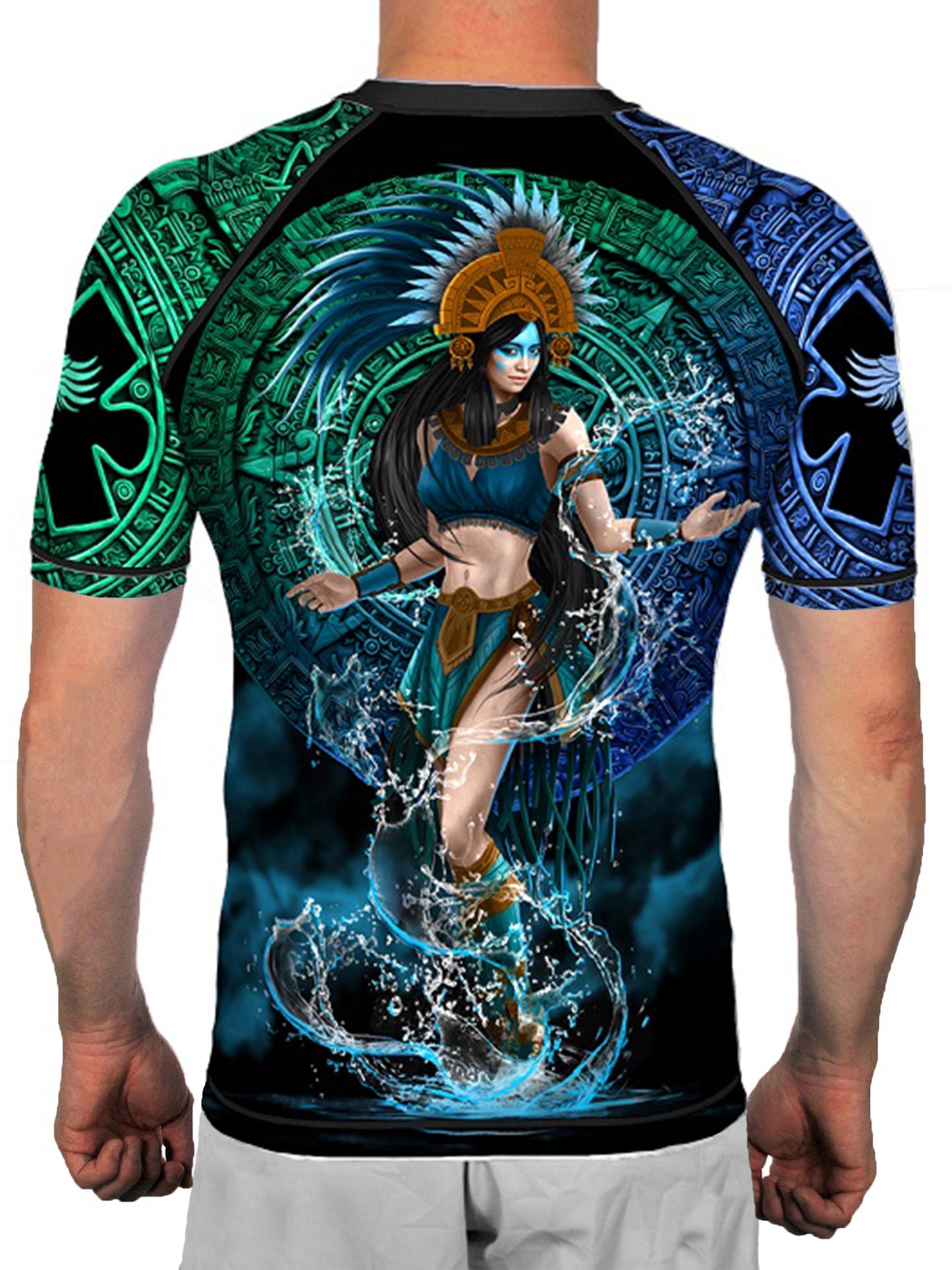 Raven Fightwear Men's Aztec Water Goddess Chalchiuhtlicue Short Sleeve BJJ Rash Guard MMA Black