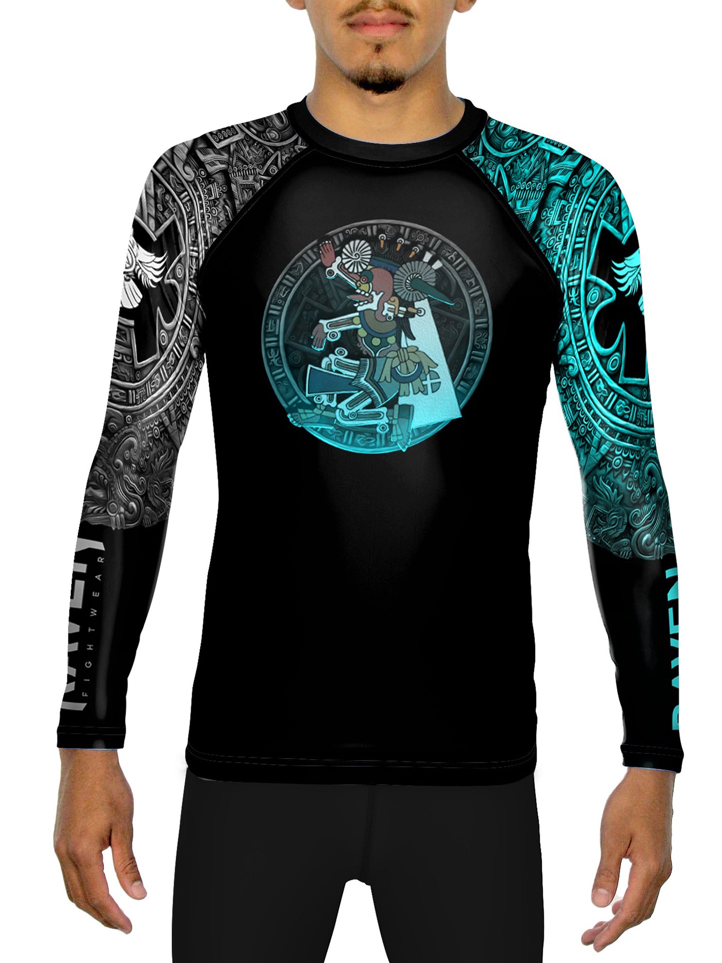 Raven Fightwear Men's Aztec Lord of the Underworld Mictlantecuhtli BJJ Rash Guard MMA Black