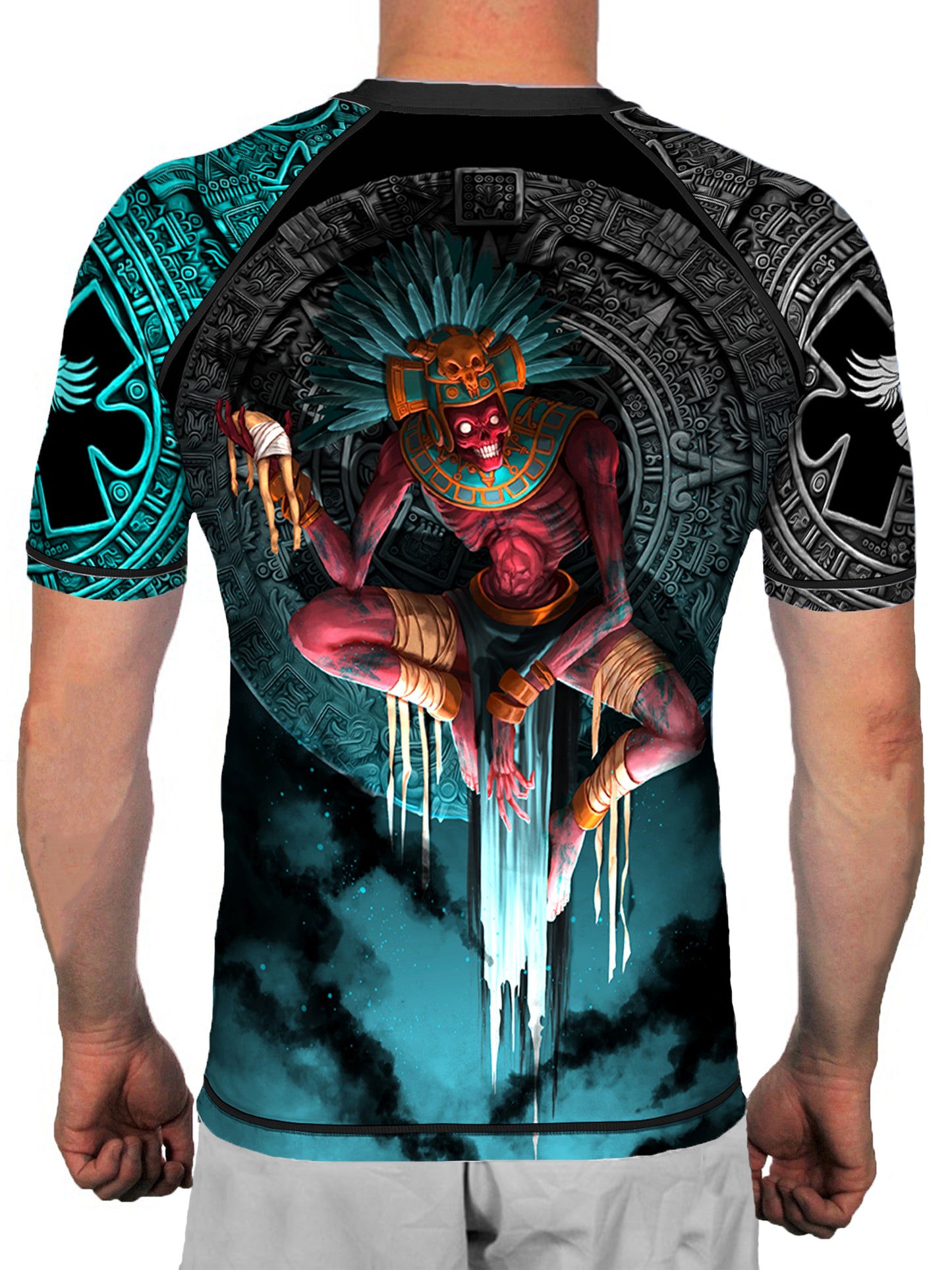 Raven Fightwear Men's Aztec Lord of the Underworld Mictlantecuhtli Short Sleeve BJJ Rash Guard MMA Black