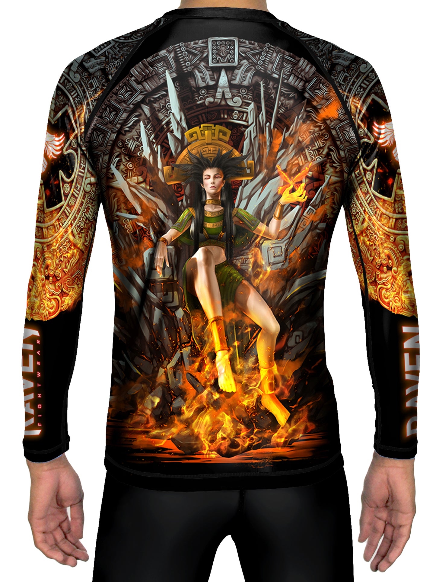 Raven Fightwear Men's Aztec Goddess of Fire Chantico BJJ Rash Guard MMA Black