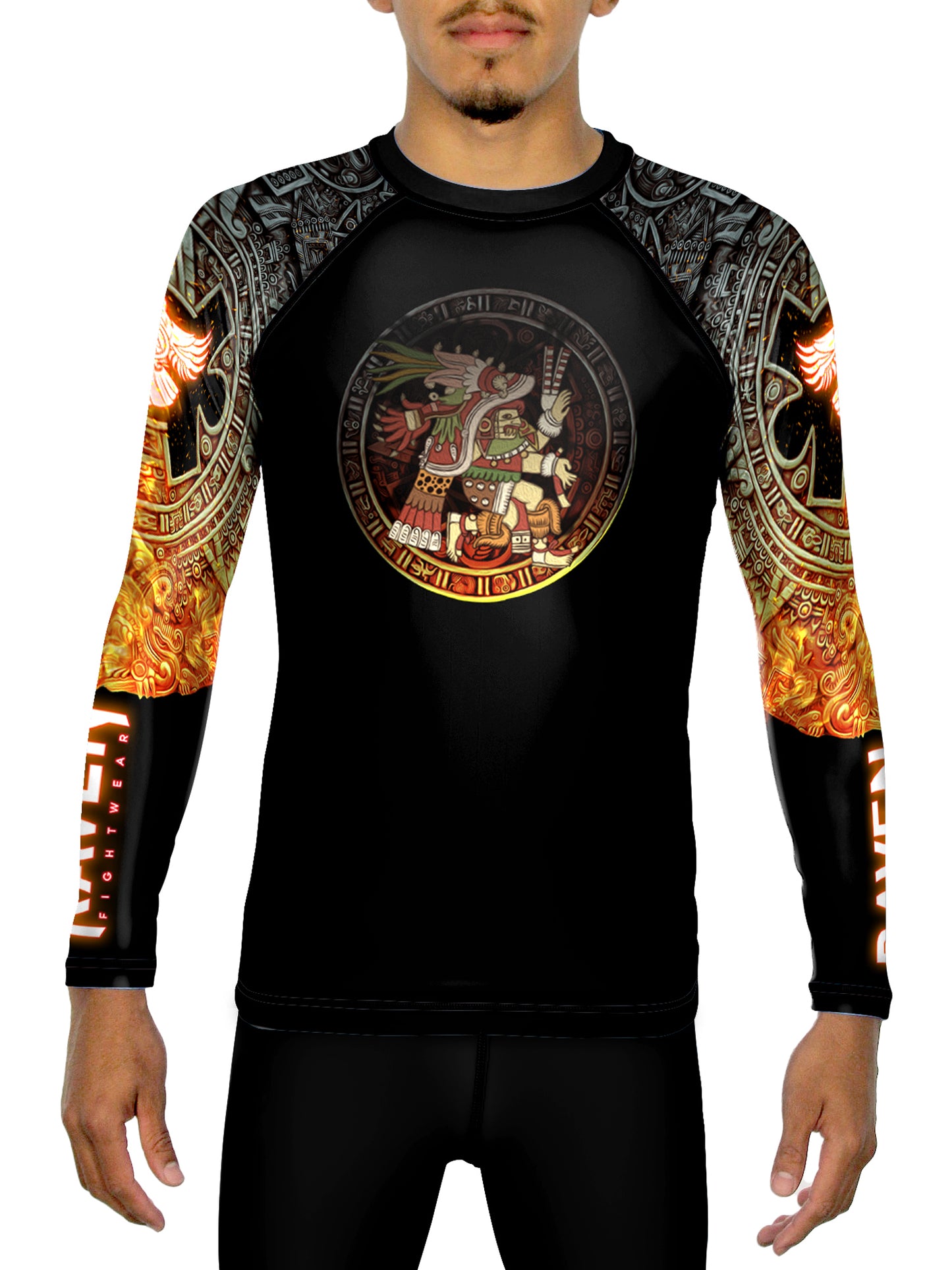 Raven Fightwear Men's Aztec Goddess of Fire Chantico BJJ Rash Guard MMA Black