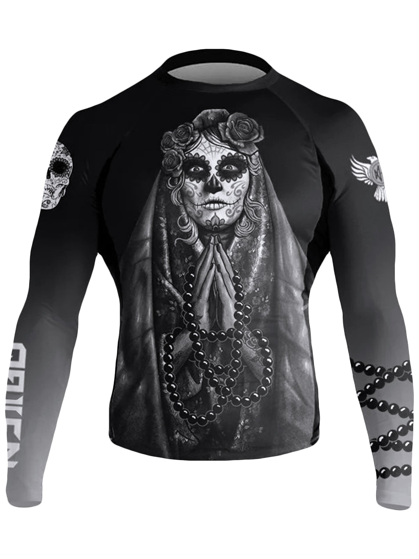 Raven Fightwear Men's La Calavera Catrina Dia de Muertos BJJ Rash Guard Long Sleeve MMA Black Edition