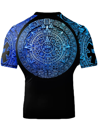 Raven Fightwear Men's Aztec Ranked Jiu Jitsu BJJ Rash Guard Short Sleeve MMA Blue