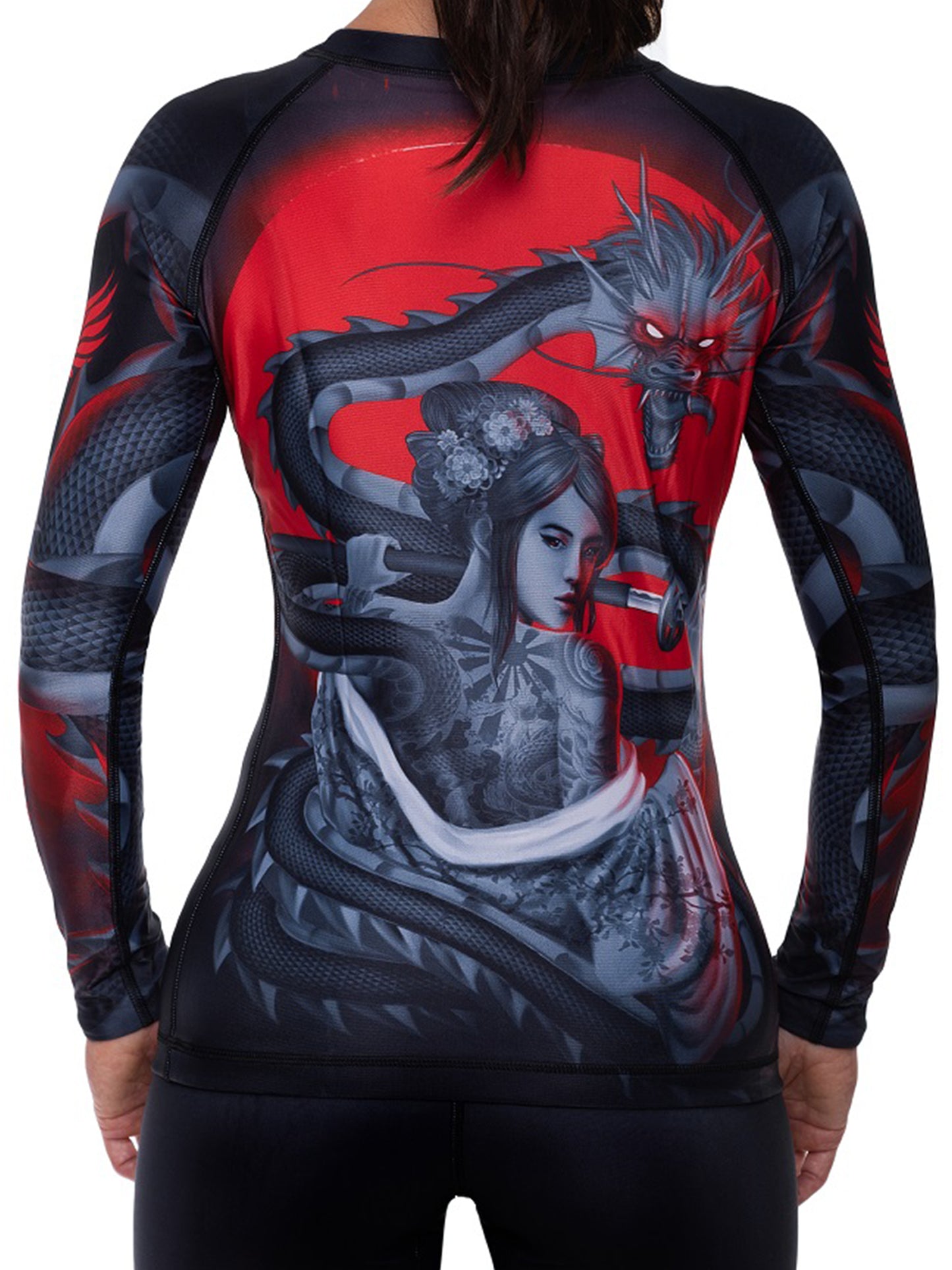 Raven Fightwear Women's The Illustrated Geisha Dragon BJJ Rash Guard MMA Black