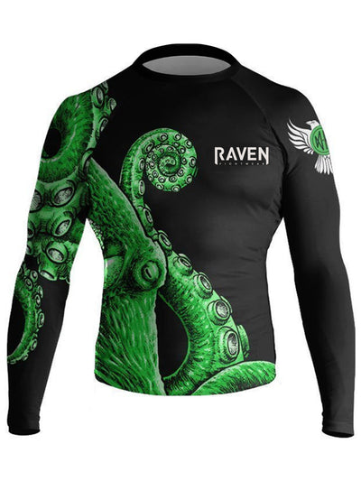 Raven Fightwear Men's Kraken Octopus Jiu Jitsu BJJ Rash Guard MMA Black/Green