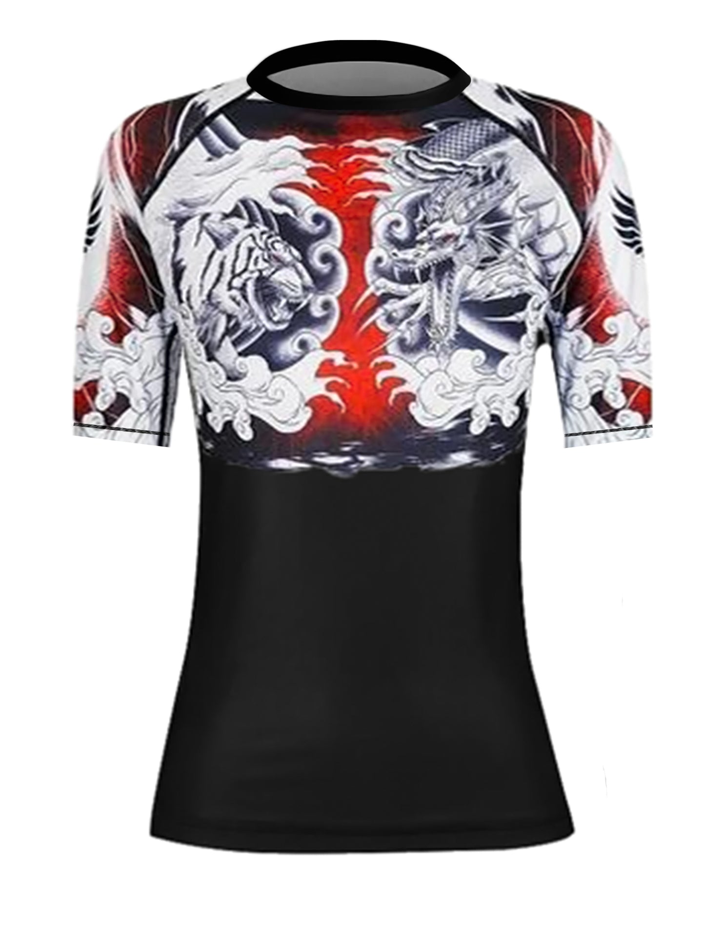 Raven Fightwear Women's Dragon and Tiger BJJ Rash Guard Short Sleeve MMA Black