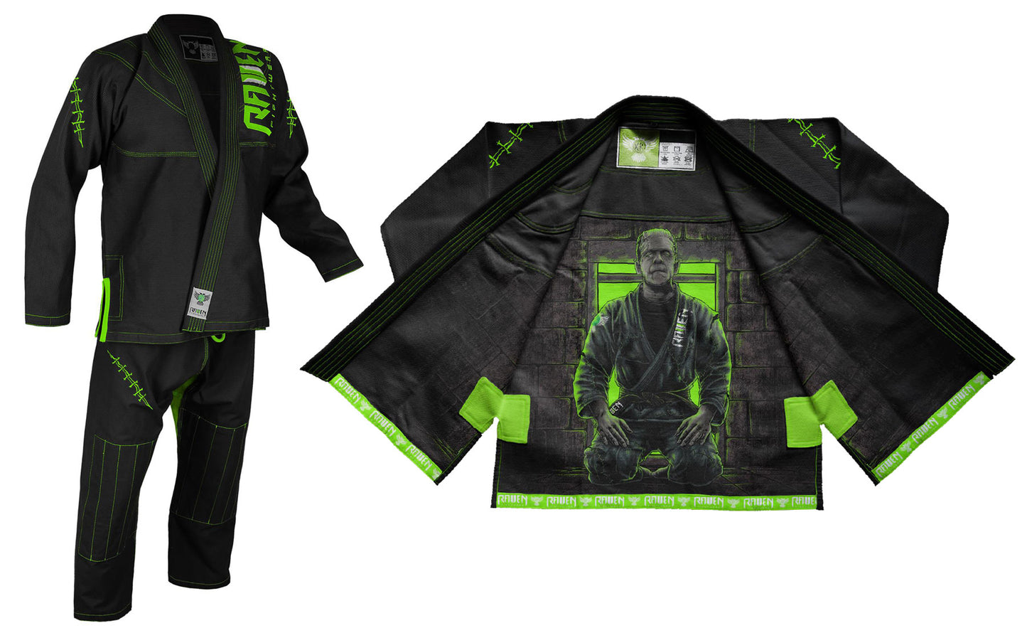 Raven Fightwear Men's BJJ Horror Frankenstein's Monster Brazilian Jiu Jitsu Uniform Premium BJJ Gi Black