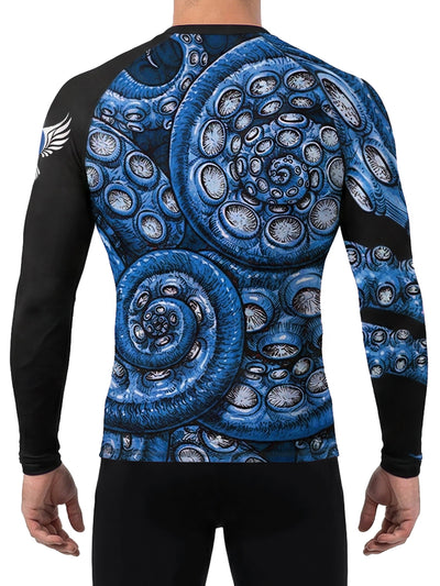 Raven Fightwear Men's Kraken Octopus IBJJF Approved Rash Guard Blue
