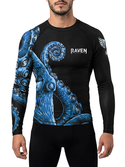 Raven Fightwear Men's Kraken Octopus IBJJF Approved Rash Guard Blue