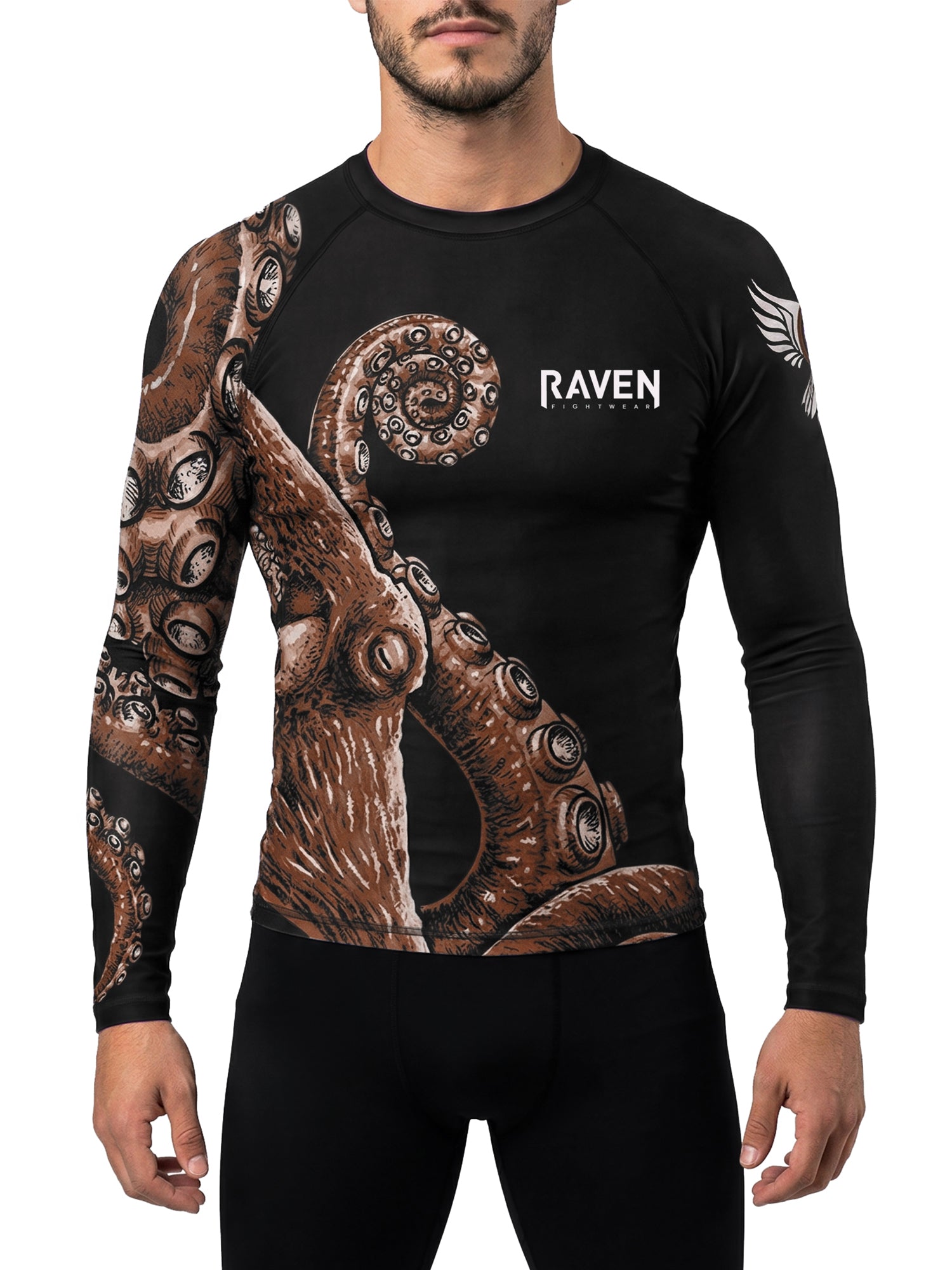 Raven Fightwear Men's Kraken Octopus IBJJF Approved Rash Guard Brown ...