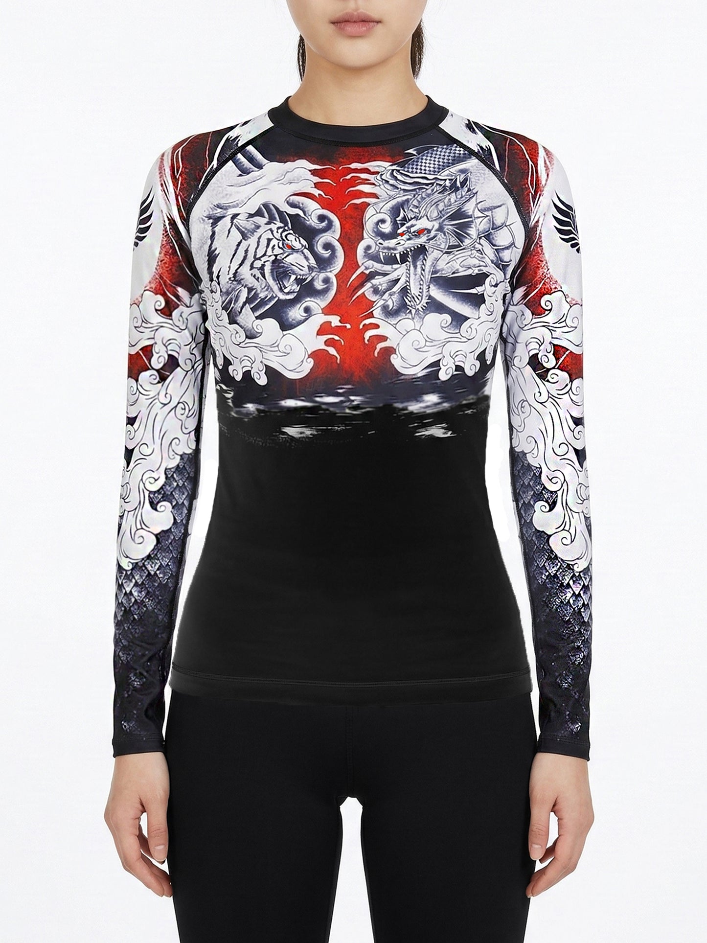Raven Fightwear Women's Dragon and Tiger Rash Guard BJJ MMA Black