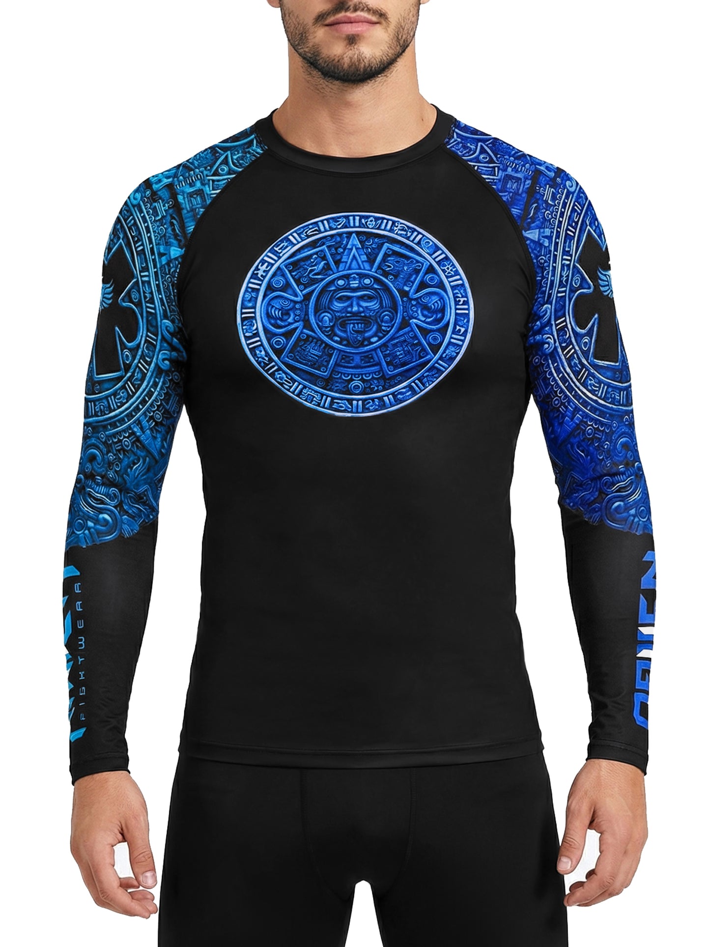 Raven Fightwear Men's Aztec Ranked Rash Guard MMA BJJ Blue