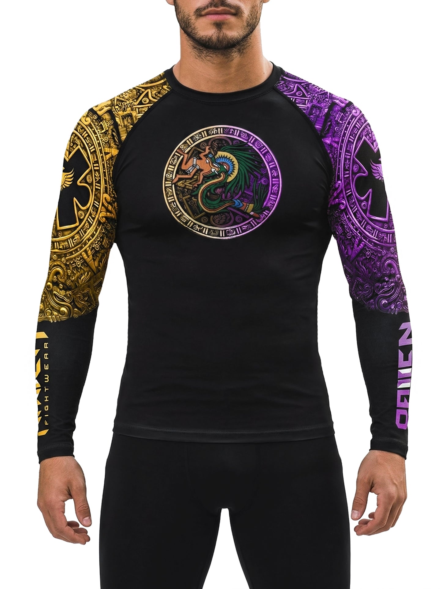 Raven Fightwear Men's Quetzalcoatl Aztec Rash Guard MMA BJJ Black