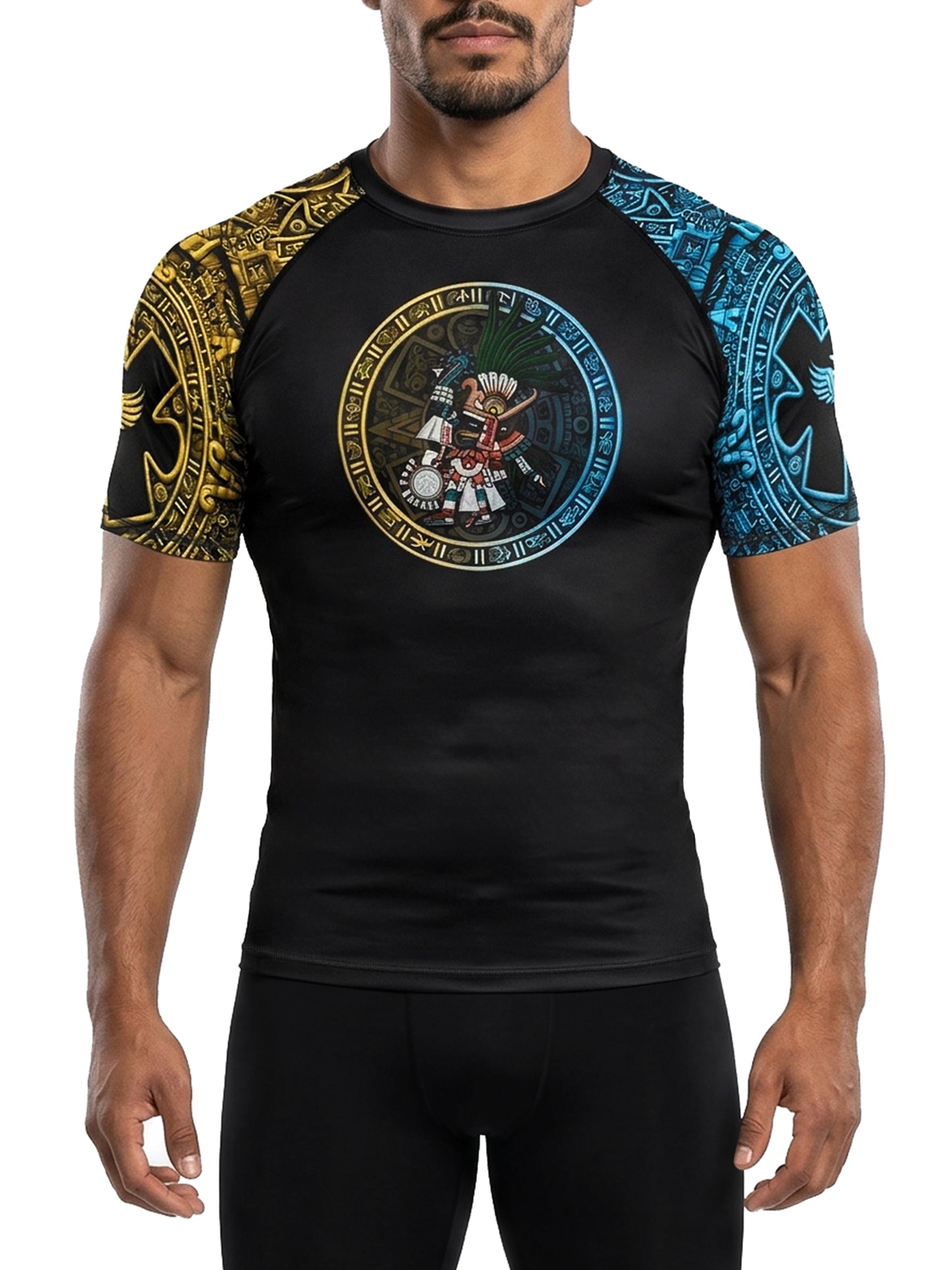 Raven Fightwear Men's Huitzilopochtli Aztec Short Sleeve Rash Guard MMA BJJ Black
