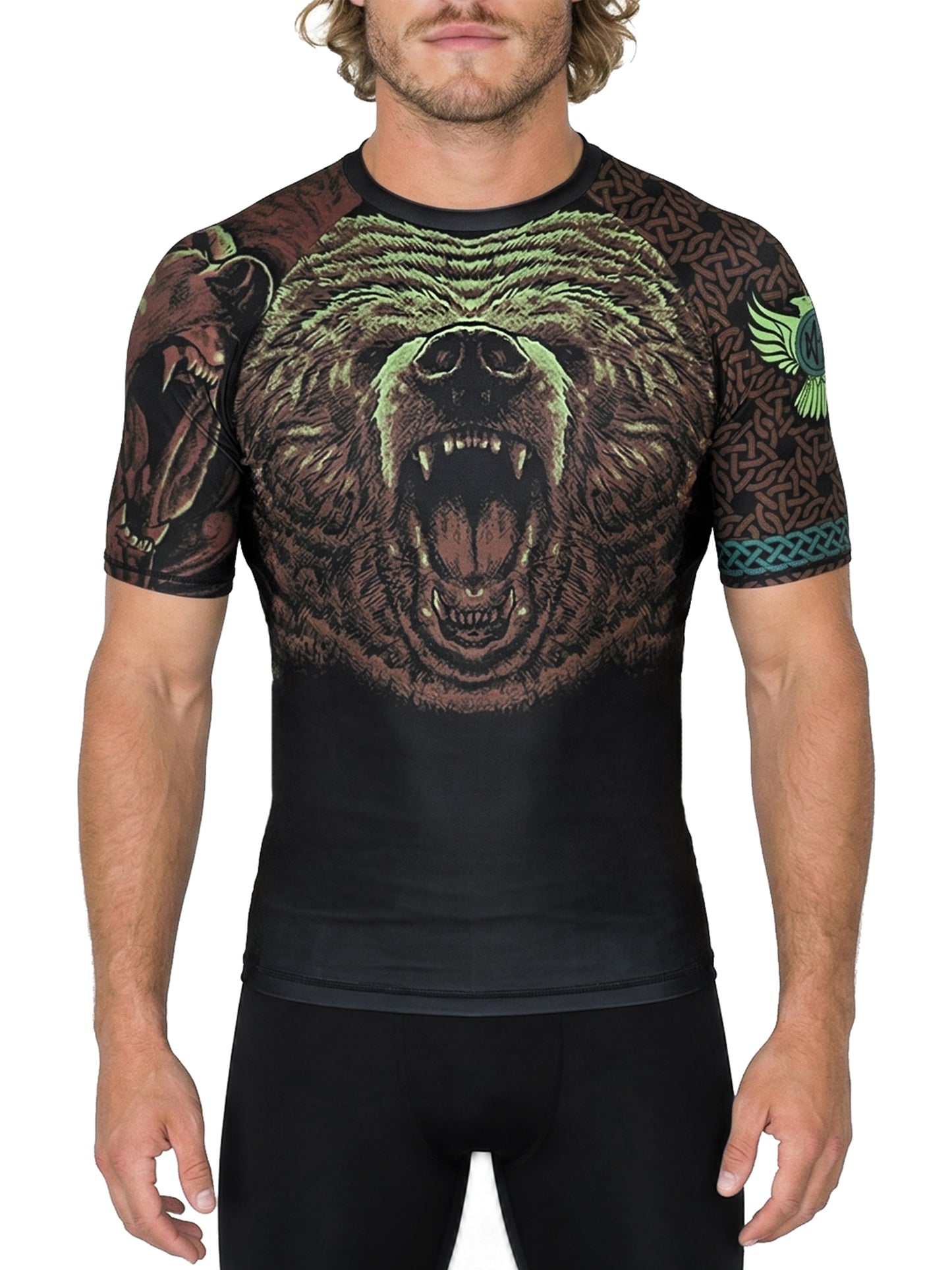 Raven Fightwear Men's Berserker Bear Norse BJJ Rash Guard Short Sleeve MMA Black