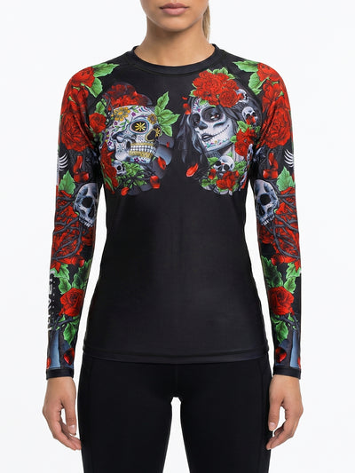 Raven Fightwear Women's Calaveras y Rosas BJJ Rash Guard MMA Black