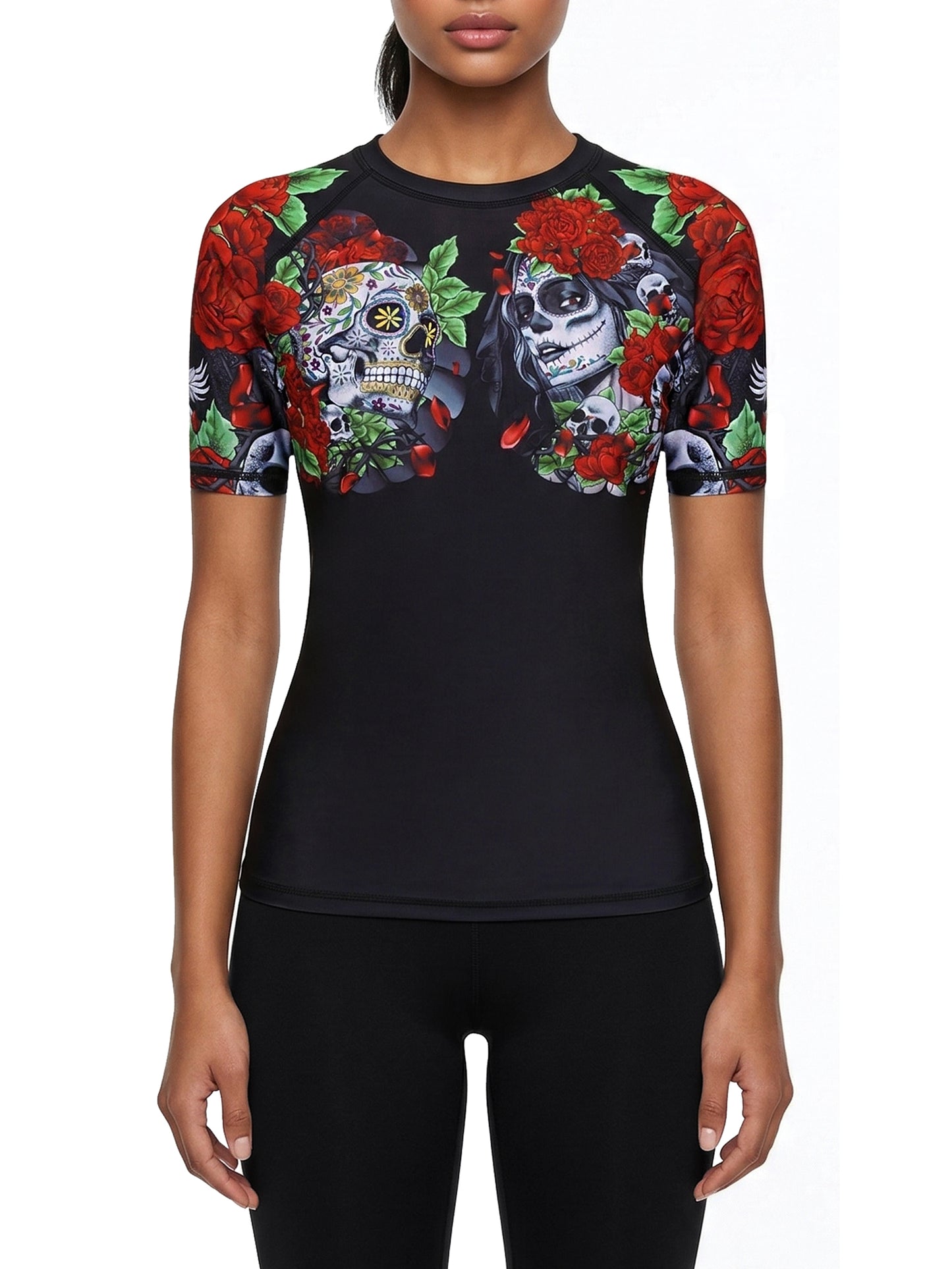 Raven Fightwear Women's Calaveras y Rosas Rash Guard Short Sleeve BJJ MMA Black