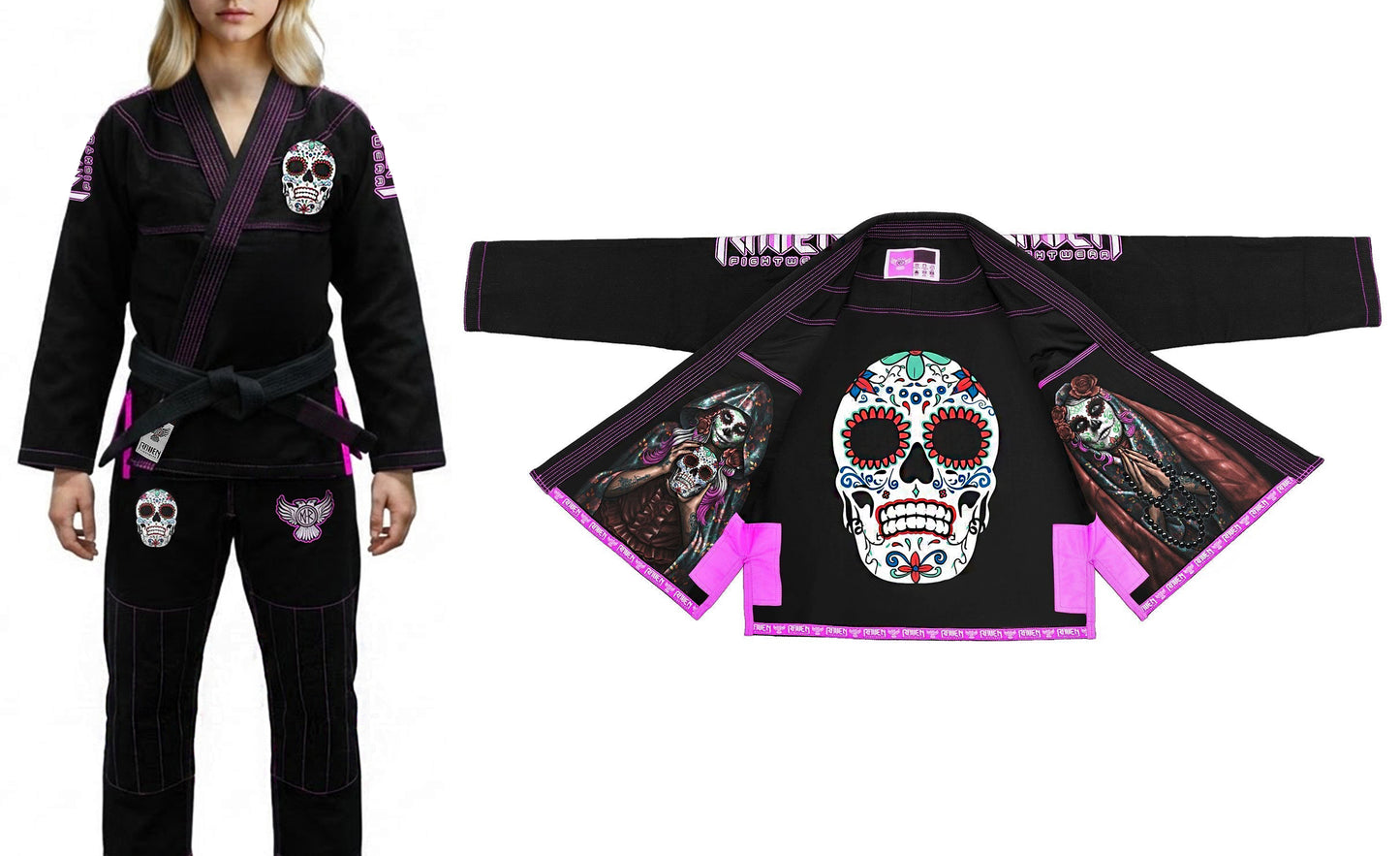 Raven Fightwear Women's La Calavera Catrina Brazilian Jiu Jitsu Uniform Premium BJJ Gi Black 