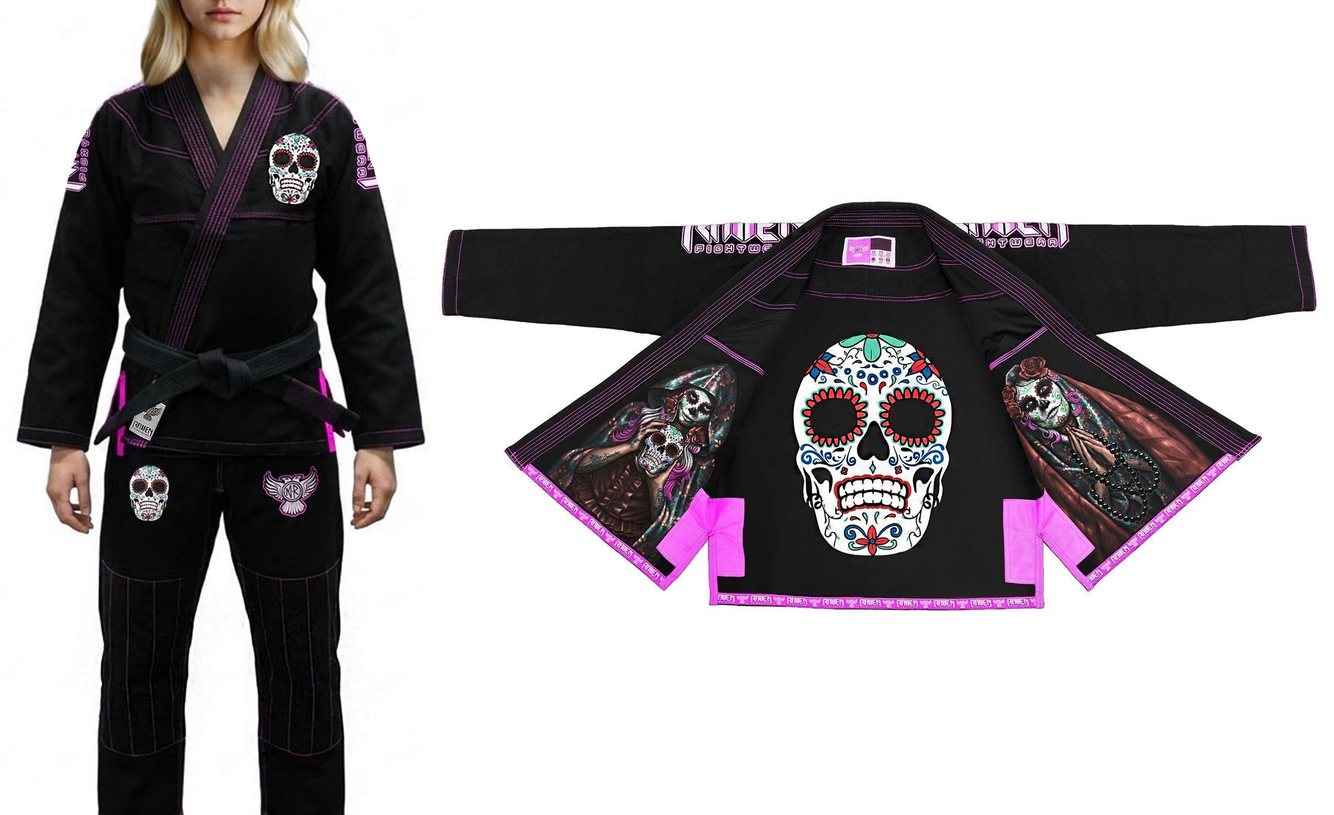 Raven Fightwear Women's La Calavera Catrina Brazilian Jiu Jitsu Uniform Premium BJJ Gi Black 