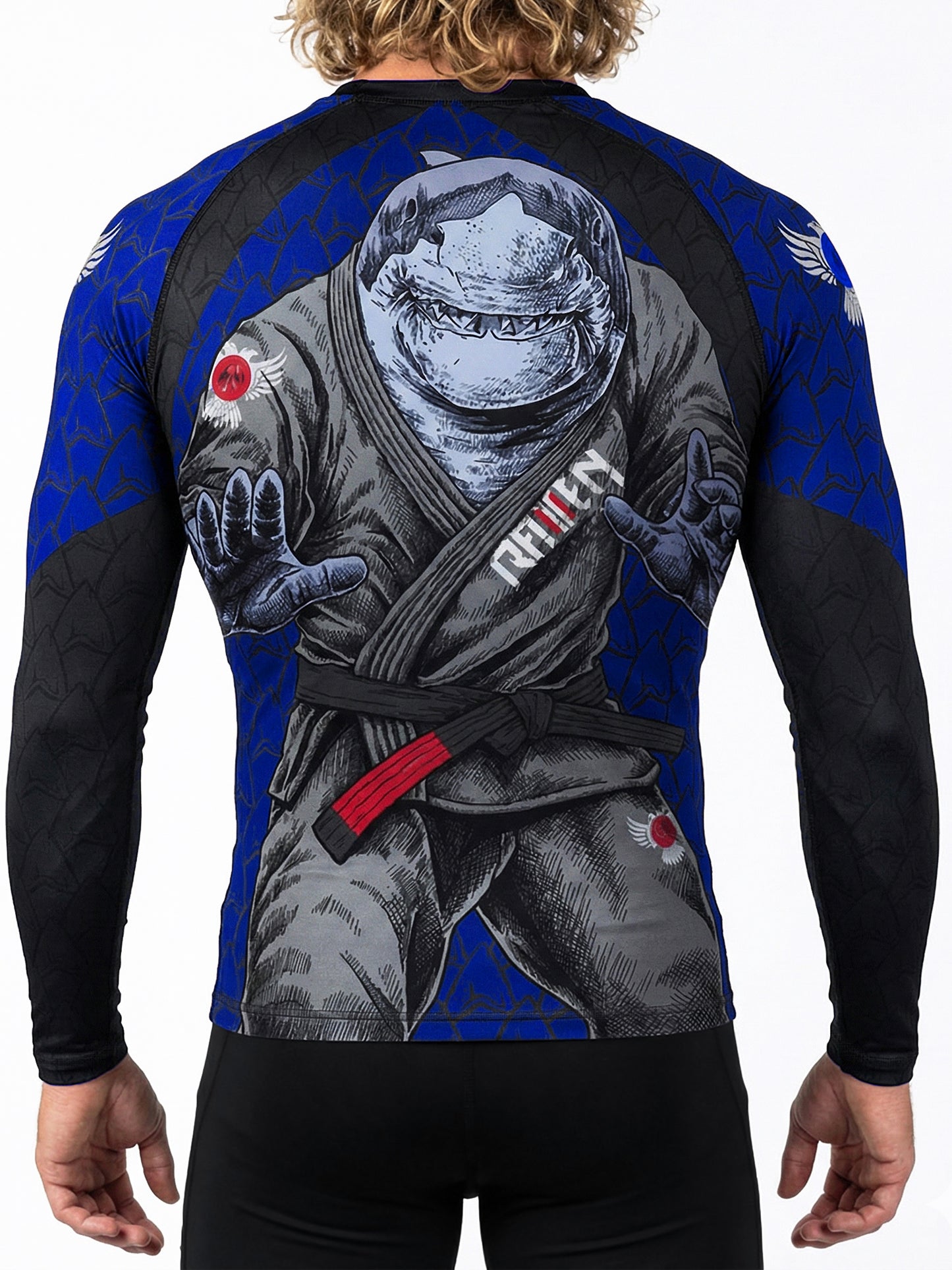 Raven Fightwear Men's Shark Attack BJJ Rash Guard MMA Blue