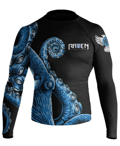 Raven Fightwear Men's Kraken Octopus IBJJF Approved Rash Guard Blue